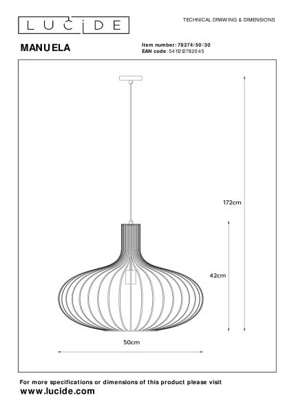 Lucide MANUELA - Pendant light - Ø 50 cm - 1xE27 - Black - technical